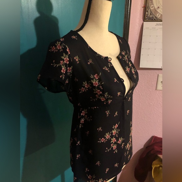 Y2K Robbie Bee Navy Blue with Pink Floral Teddy Blouse - Picture 8 of 11
